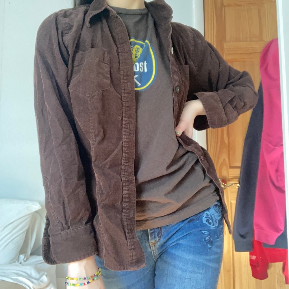 brown corduroy thick long sleeve button up shirt